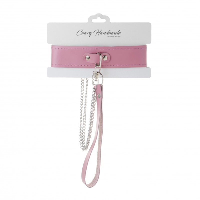 Ошейник с кольцом + поводок "Crazy Handmade" розовый, кожа 